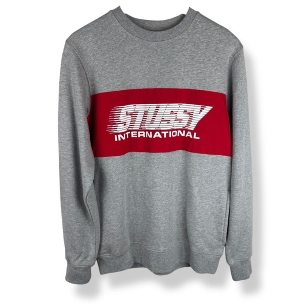 Stussy‎ Logo Sweatshirt Red Panel Crewneck Mens Size Small Streetwear 3 Pockets